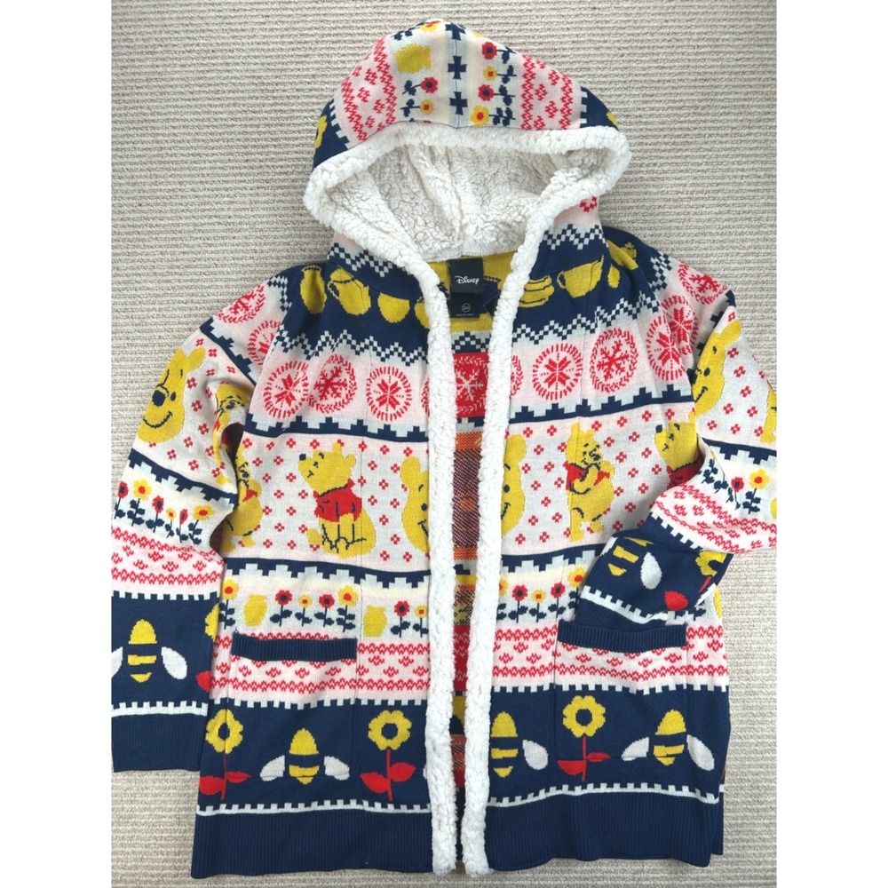 Hot Topic Disney Winnie the Pooh Cardigan Women SM Blue Fair Isle Sherpa Hood - Picture 1 of 15
